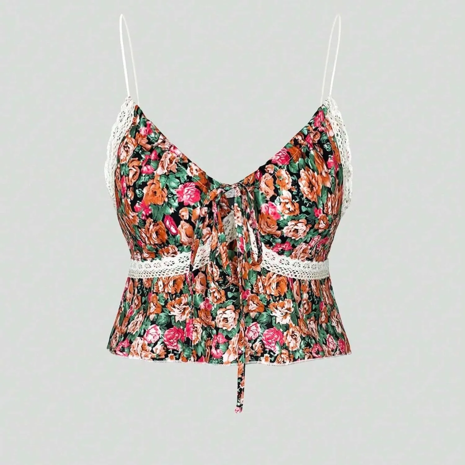 Women Y2K Coquette Floral Print Tie Front Crop Cami Top Spaghetti Strap V Neck Slim Fit Ruffle Hem Cropped Tank