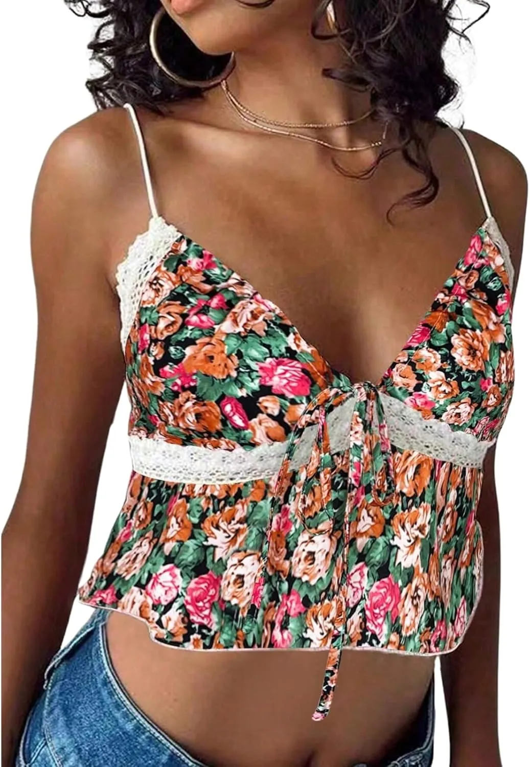 Women Y2K Coquette Floral Print Tie Front Crop Cami Top Spaghetti Strap V Neck Slim Fit Ruffle Hem Cropped Tank