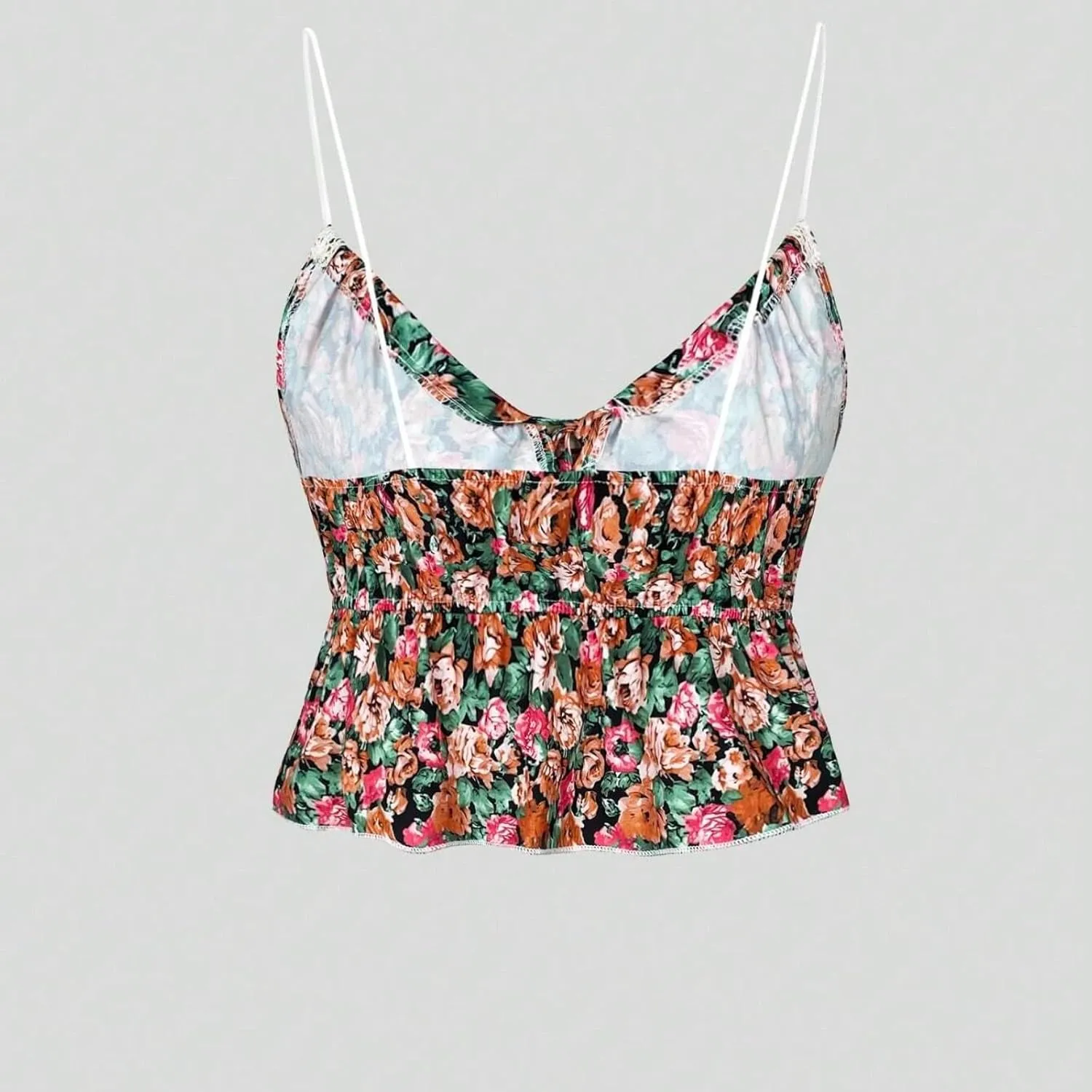Women Y2K Coquette Floral Print Tie Front Crop Cami Top Spaghetti Strap V Neck Slim Fit Ruffle Hem Cropped Tank