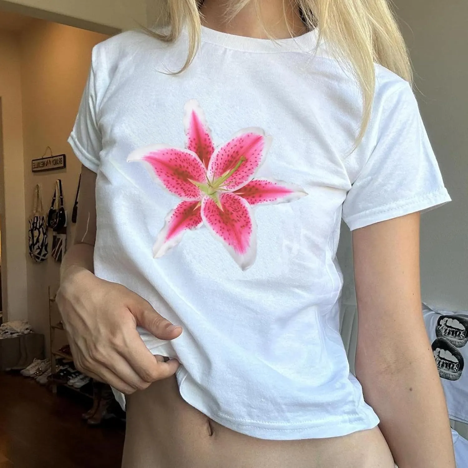Women Y2k Graphic Print Crop Top Short Sleeve Round Neck Slim Fit Baby Tee Aesthetic Summer T Shirt
