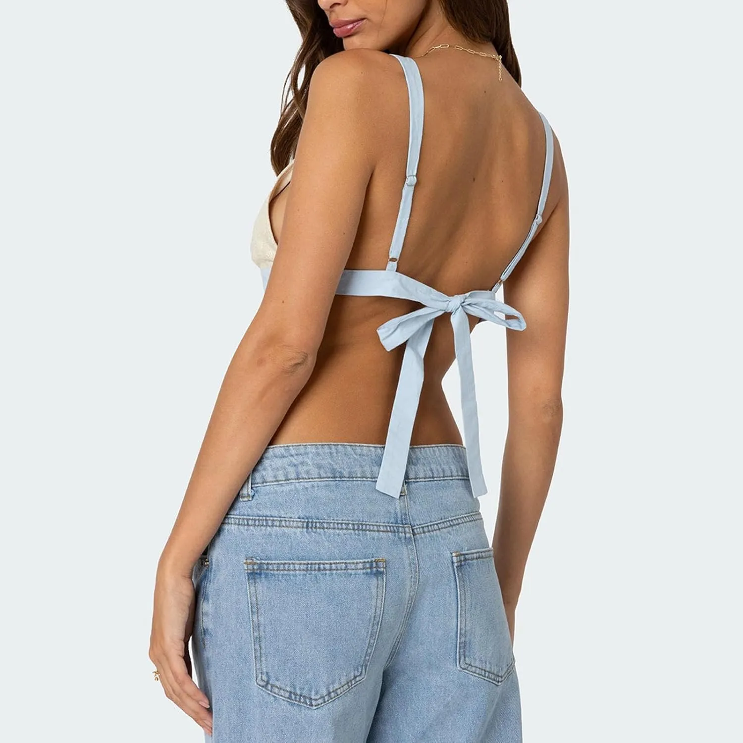 Women Y2k Lace Camisole Spaghetti Strap V Neck See Through Crop Tops Mesh Sheer Open Back Tie Up Tank Top