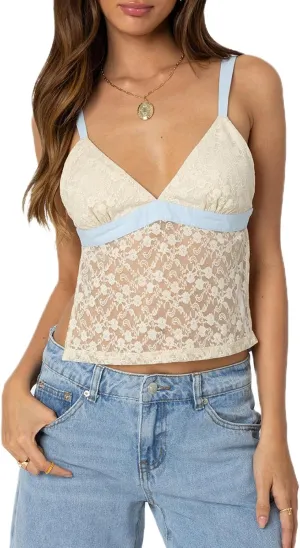 Women Y2k Lace Camisole Spaghetti Strap V Neck See Through Crop Tops Mesh Sheer Open Back Tie Up Tank Top