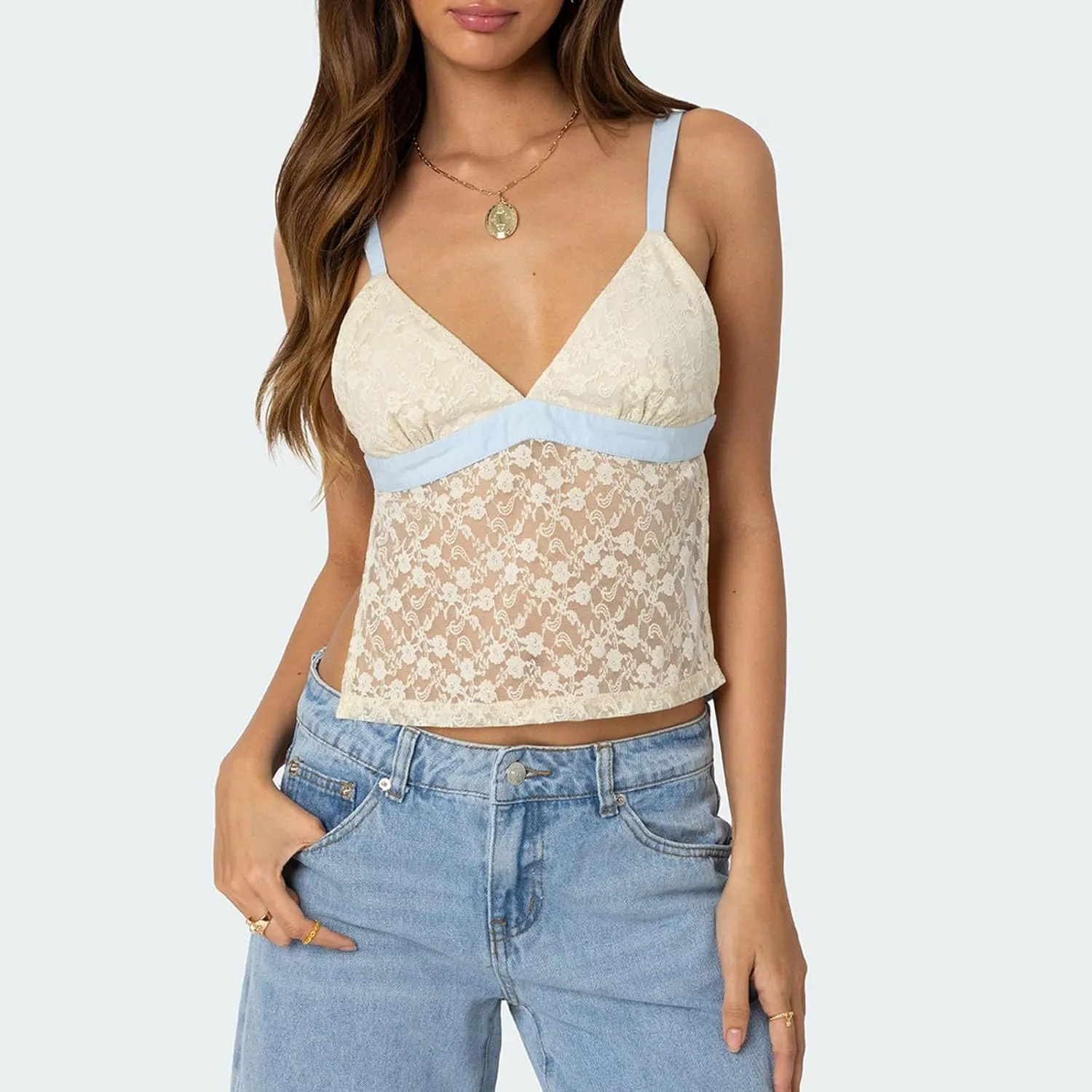 Women Y2k Lace Camisole Spaghetti Strap V Neck See Through Crop Tops Mesh Sheer Open Back Tie Up Tank Top