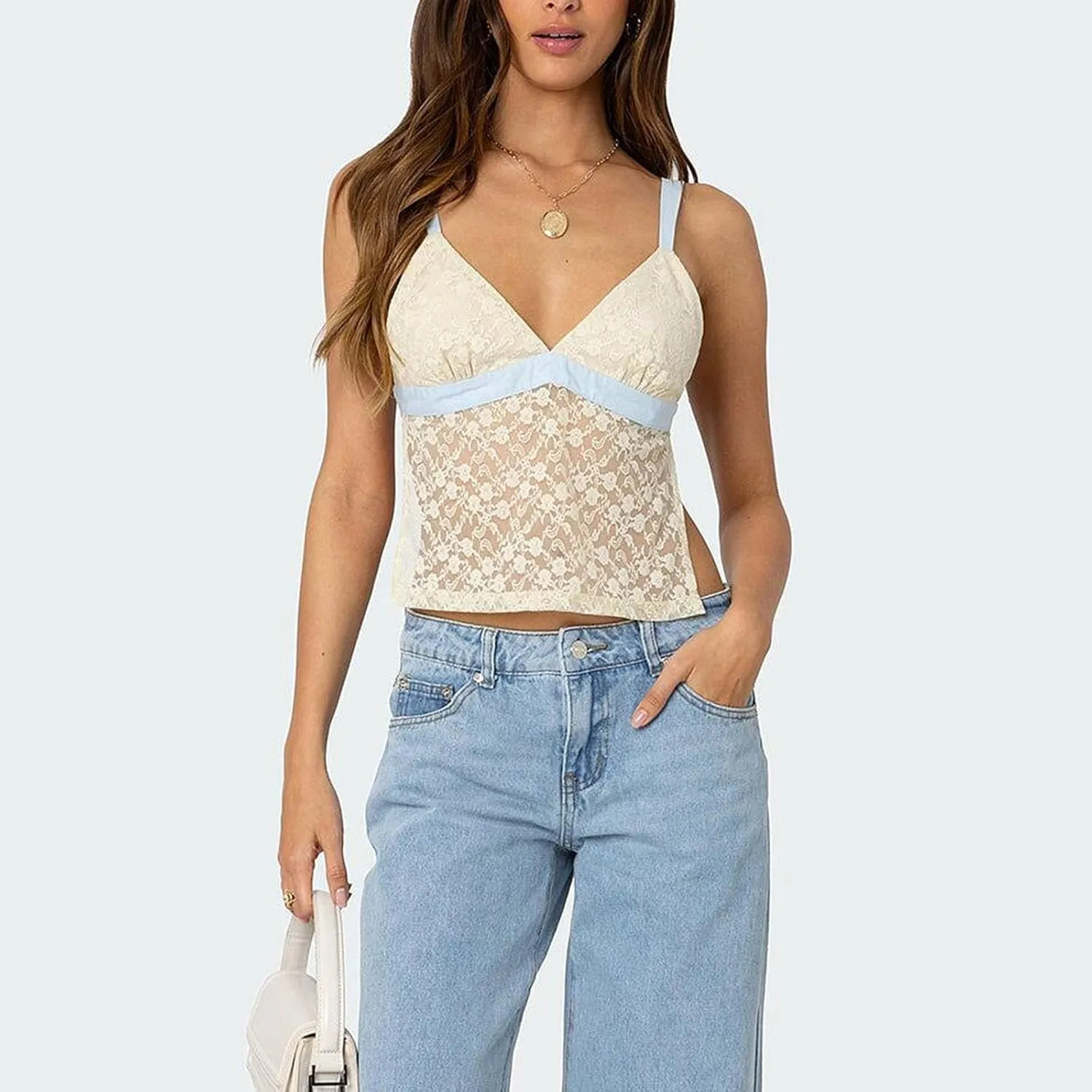 Women Y2k Lace Camisole Spaghetti Strap V Neck See Through Crop Tops Mesh Sheer Open Back Tie Up Tank Top