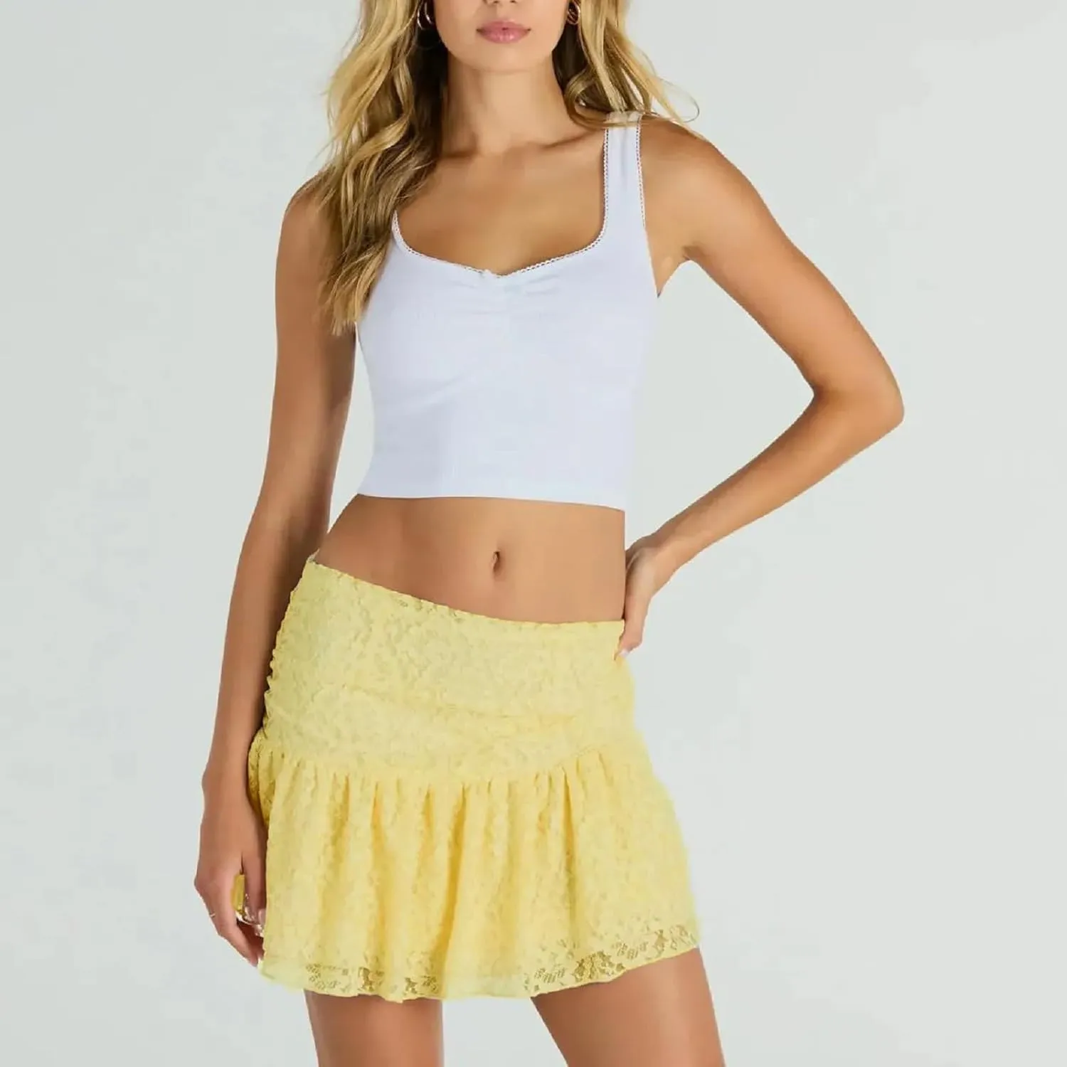 Women Y2k Lace Mini Skirt Sexy Tiered Flowy Ruffle Half Slip Skirt Low Rise Layered Pleated Short Skirt Underskirt