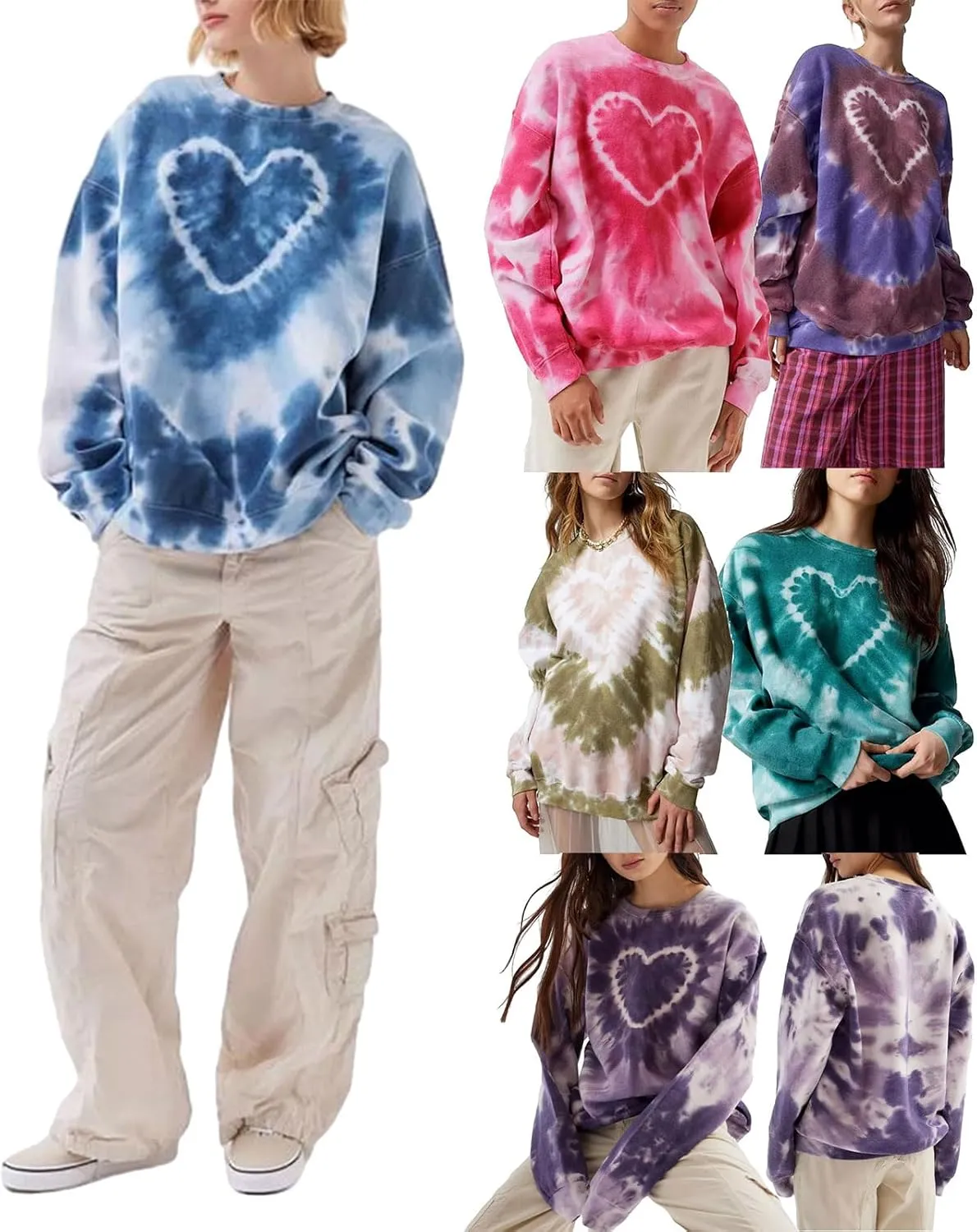 Women Y2K Oversized Sweatshirt Heart Tie-dye Print Long Sleeve Crewneck Pullover Tops Valentine's Day Casual Clothes