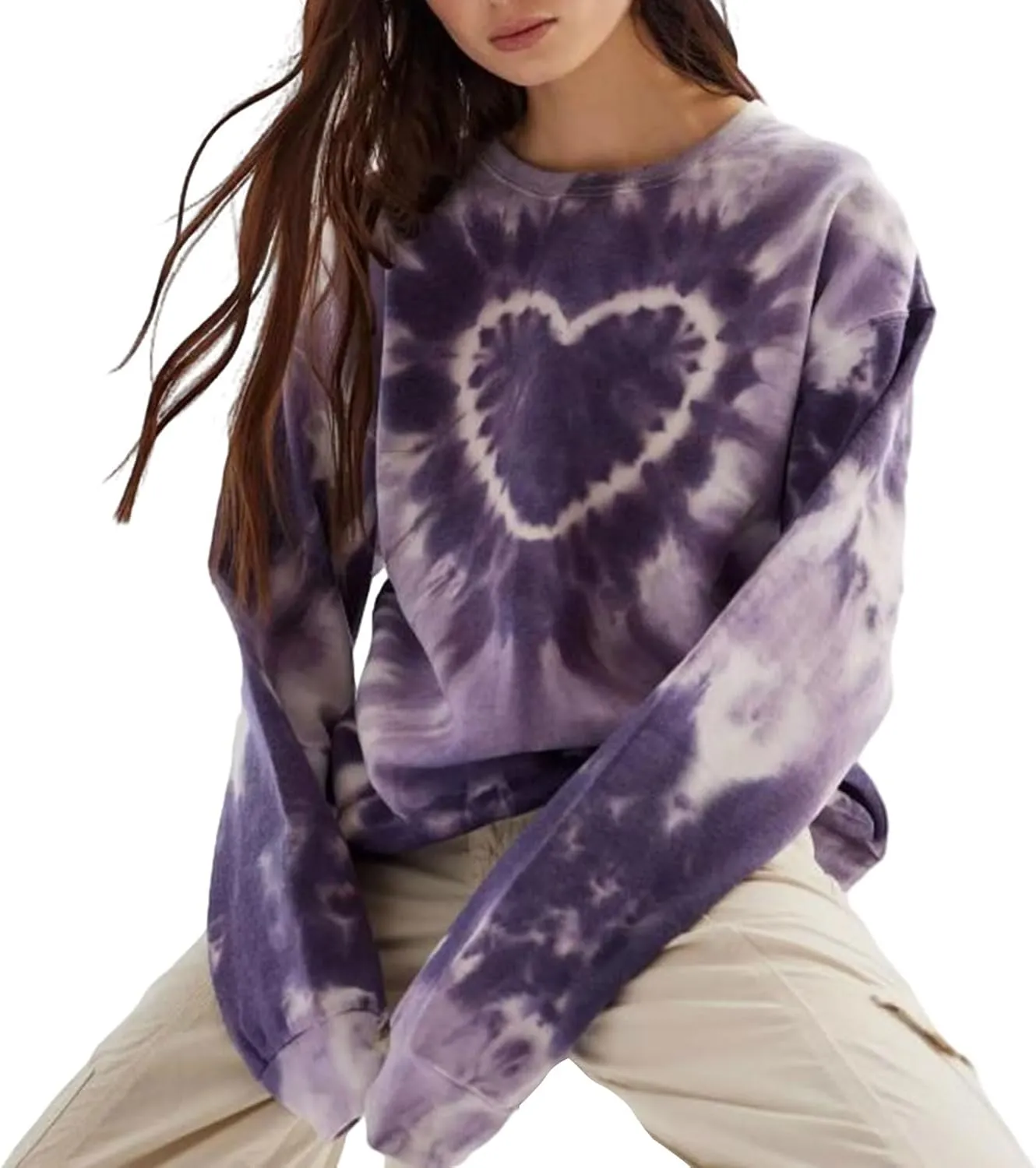 Women Y2K Oversized Sweatshirt Heart Tie-dye Print Long Sleeve Crewneck Pullover Tops Valentine's Day Casual Clothes