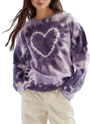 Women Y2K Oversized Sweatshirt Heart Tie-dye Print Long Sleeve Crewneck Pullover Tops Valentine's Day Casual Clothes