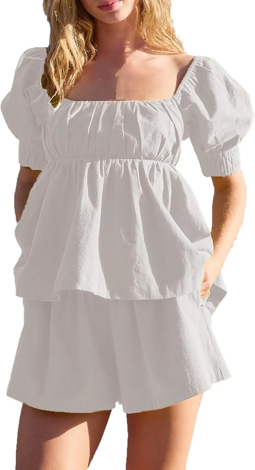 Womens 2 Piece Suit Sets Trendy Square Neck Puff Sleeve Tie Bow Back Babydoll Tops Summer Beach Casual Solid Shorts Set