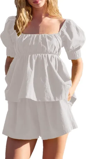 Womens 2 Piece Suit Sets Trendy Square Neck Puff Sleeve Tie Bow Back Babydoll Tops Summer Beach Casual Solid Shorts Set