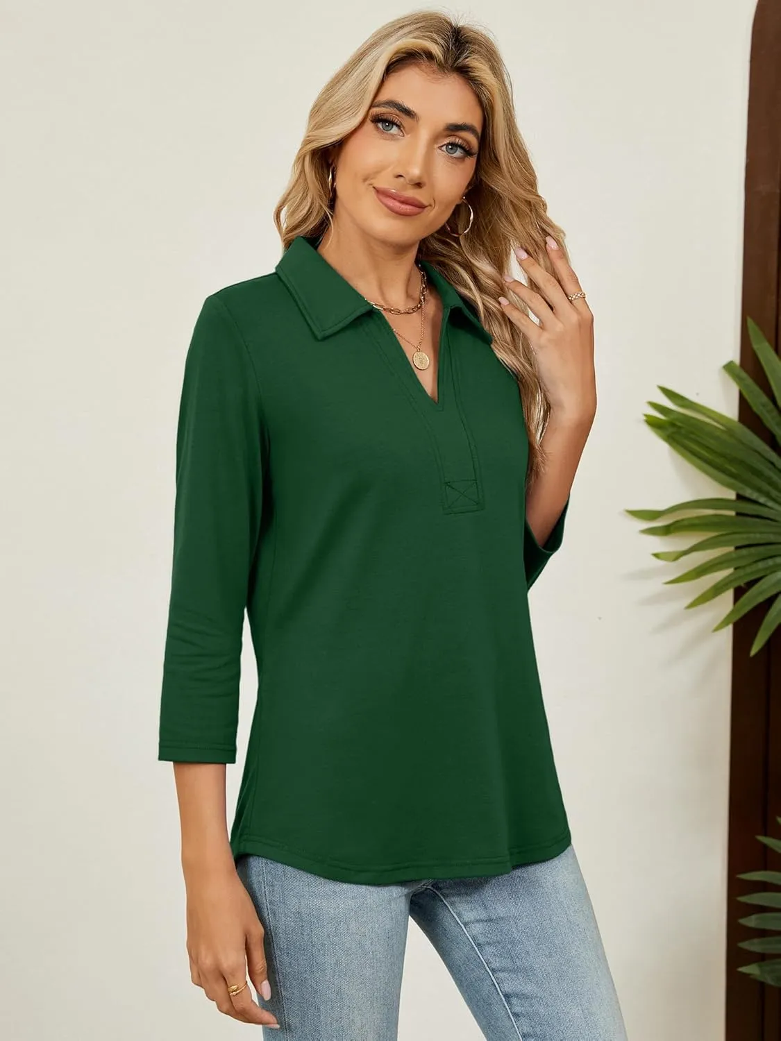 Women's 3/4 Length Sleeve V-Neck Collared Tops Summer Business Casual Work Polo Shirts Fashion Outfits 2025