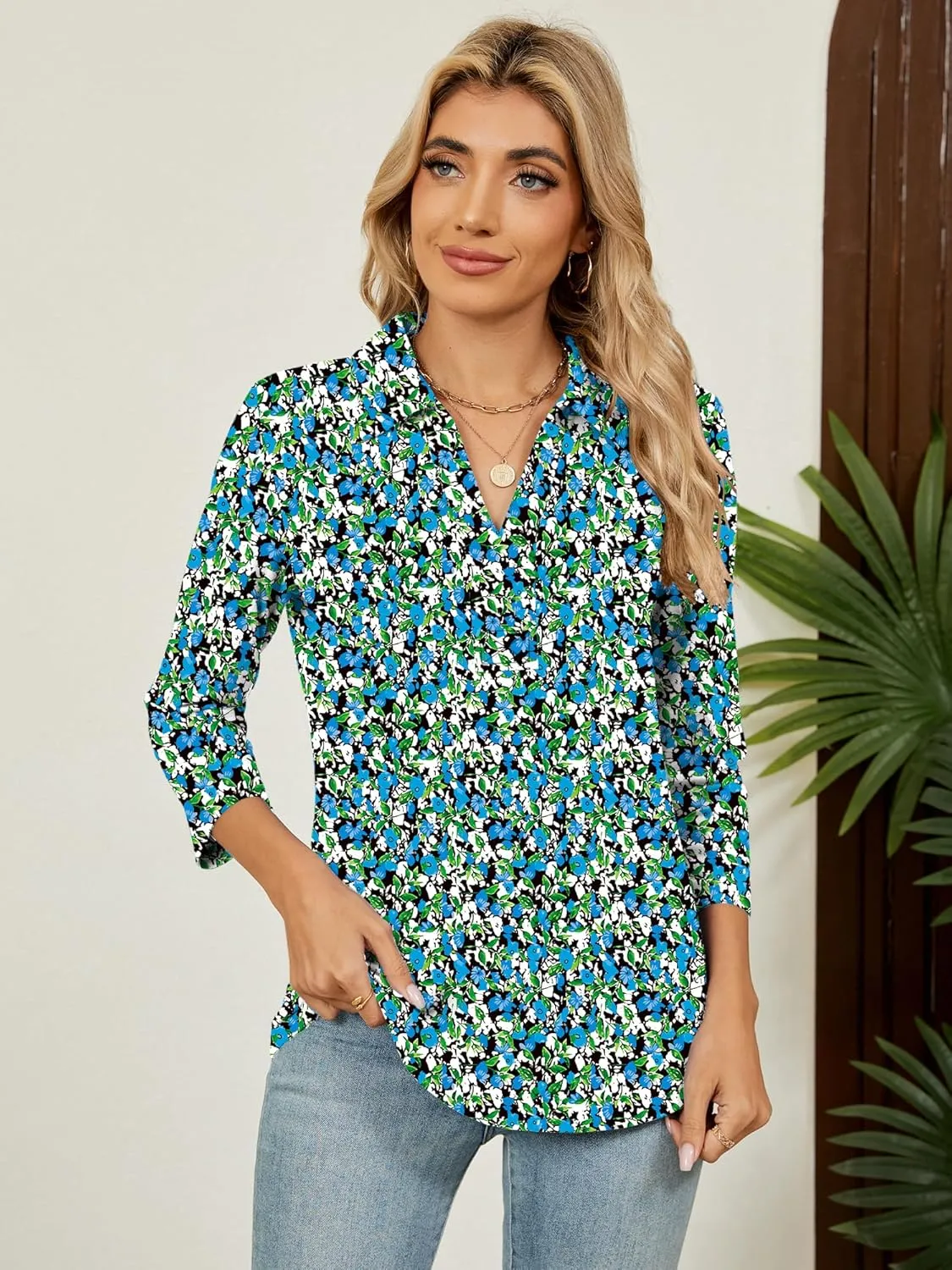 Women's 3/4 Length Sleeve V-Neck Collared Tops Summer Business Casual Work Polo Shirts Fashion Outfits 2025