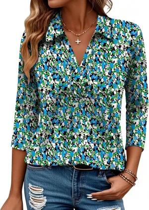 Women's 3/4 Length Sleeve V-Neck Collared Tops Summer Business Casual Work Polo Shirts Fashion Outfits 2025