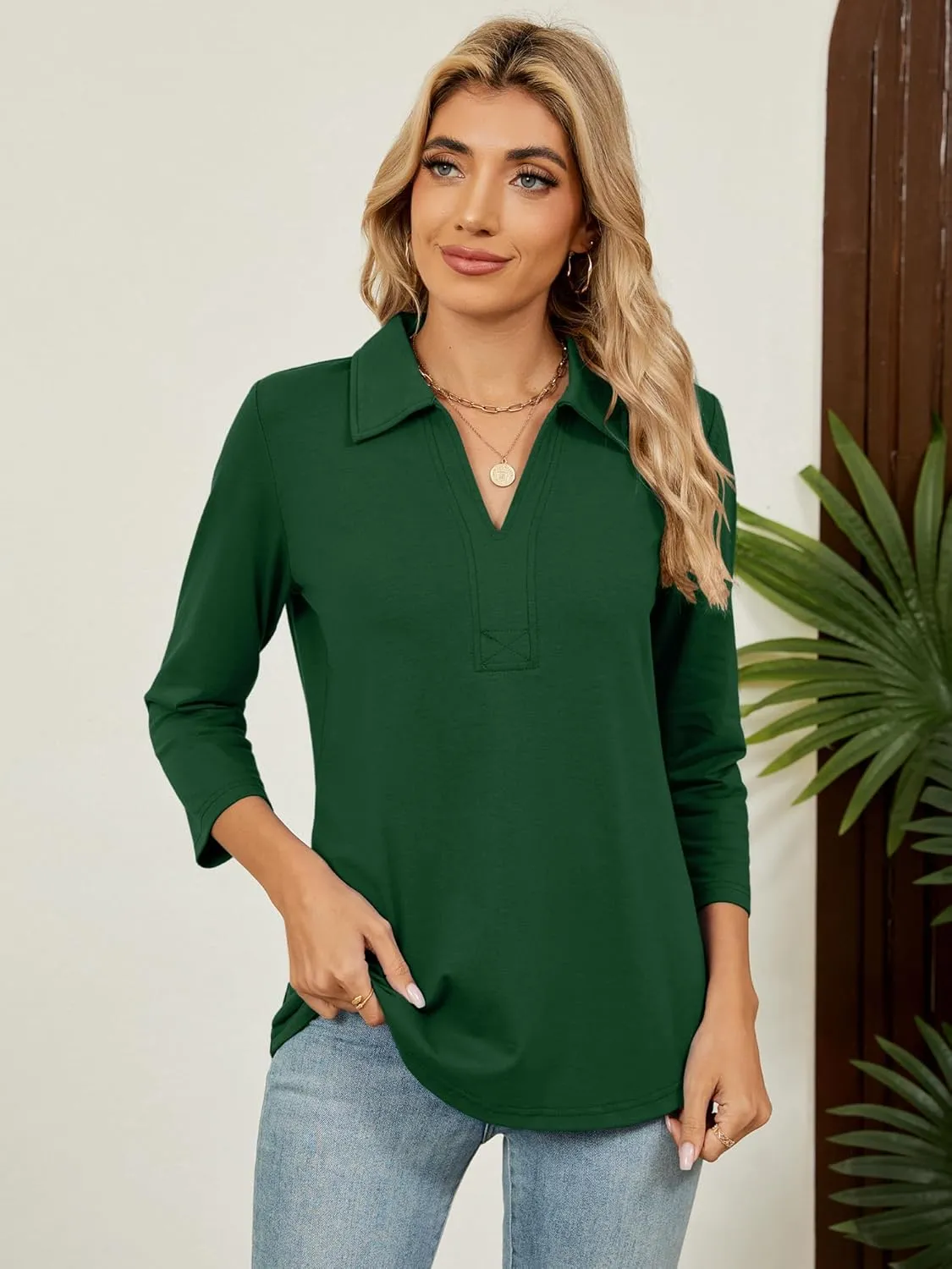 Women's 3/4 Length Sleeve V-Neck Collared Tops Summer Business Casual Work Polo Shirts Fashion Outfits 2025