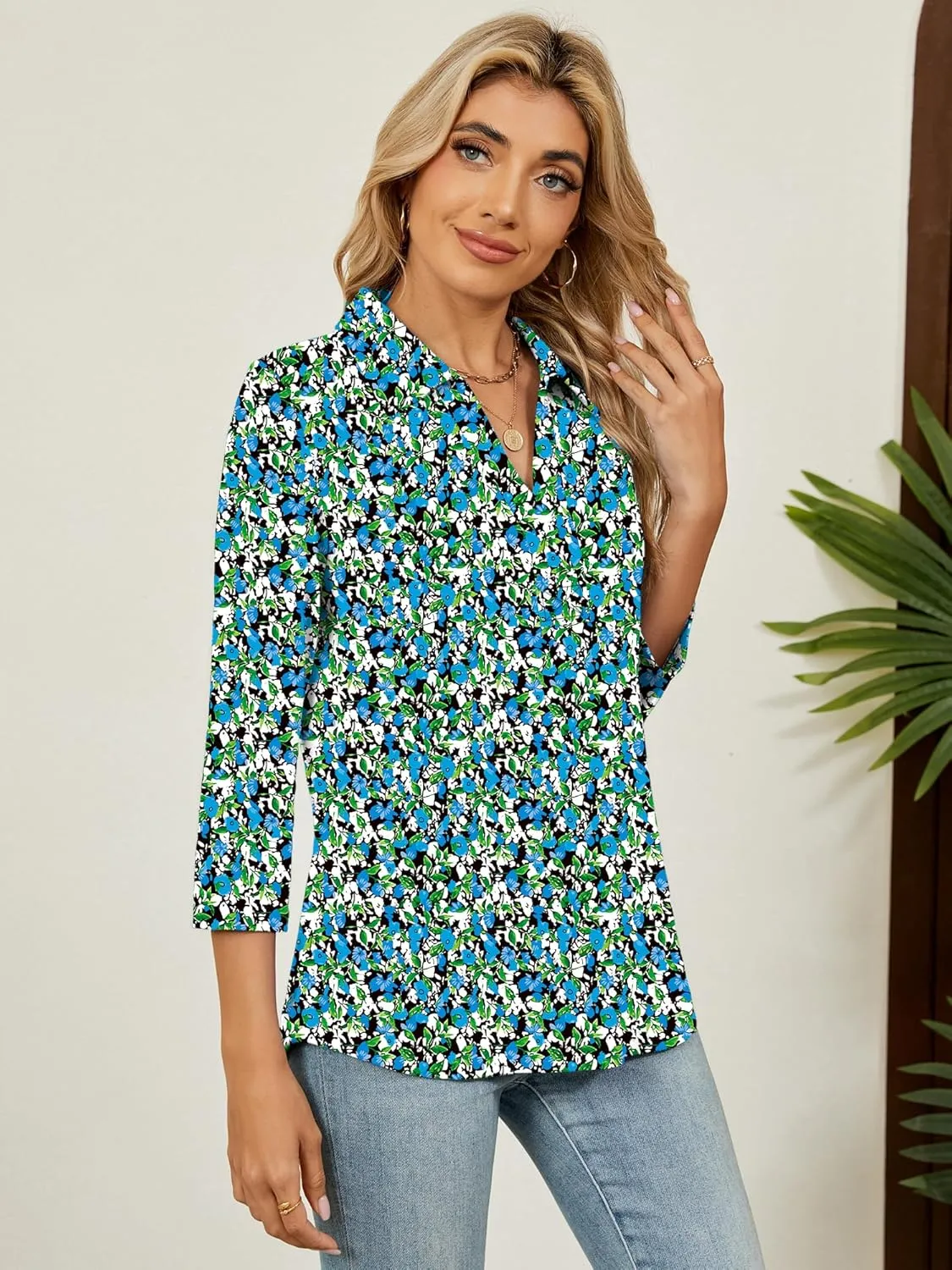 Women's 3/4 Length Sleeve V-Neck Collared Tops Summer Business Casual Work Polo Shirts Fashion Outfits 2025