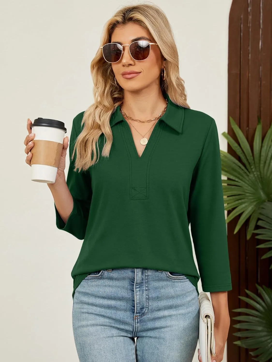 Women's 3/4 Length Sleeve V-Neck Collared Tops Summer Business Casual Work Polo Shirts Fashion Outfits 2025