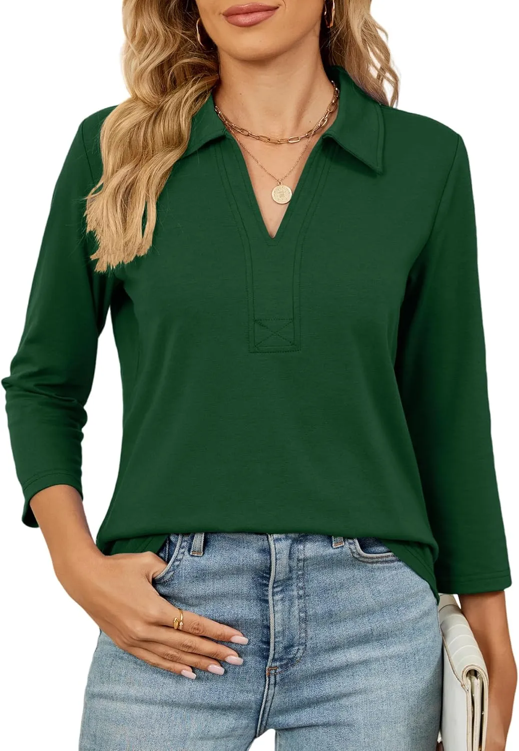 Women's 3/4 Length Sleeve V-Neck Collared Tops Summer Business Casual Work Polo Shirts Fashion Outfits 2025