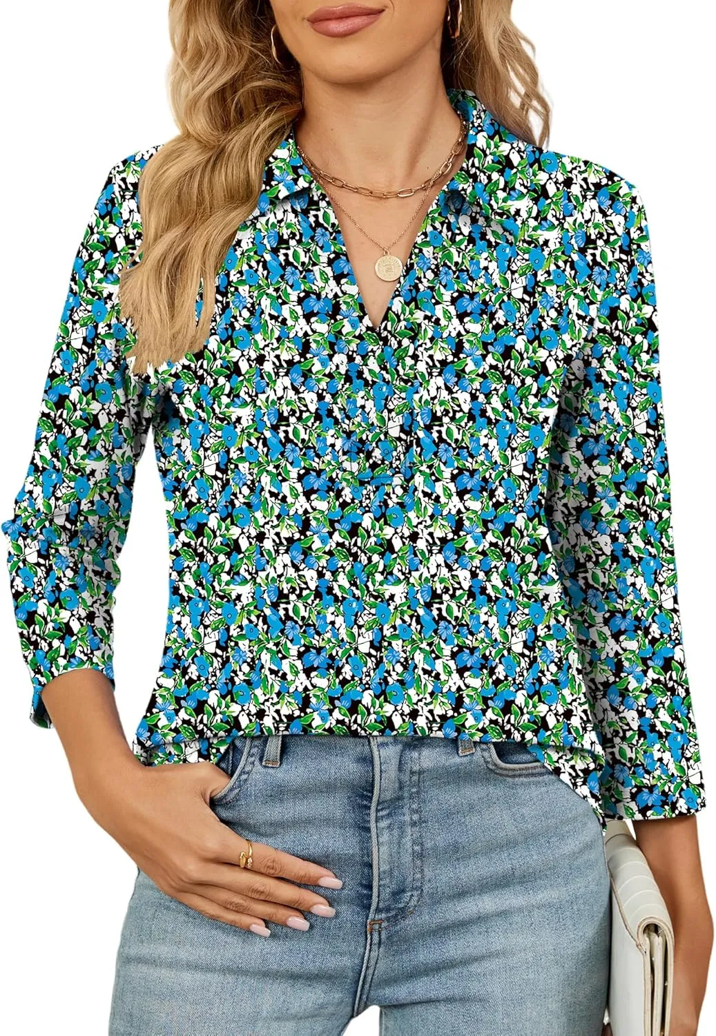 Women's 3/4 Length Sleeve V-Neck Collared Tops Summer Business Casual Work Polo Shirts Fashion Outfits 2025