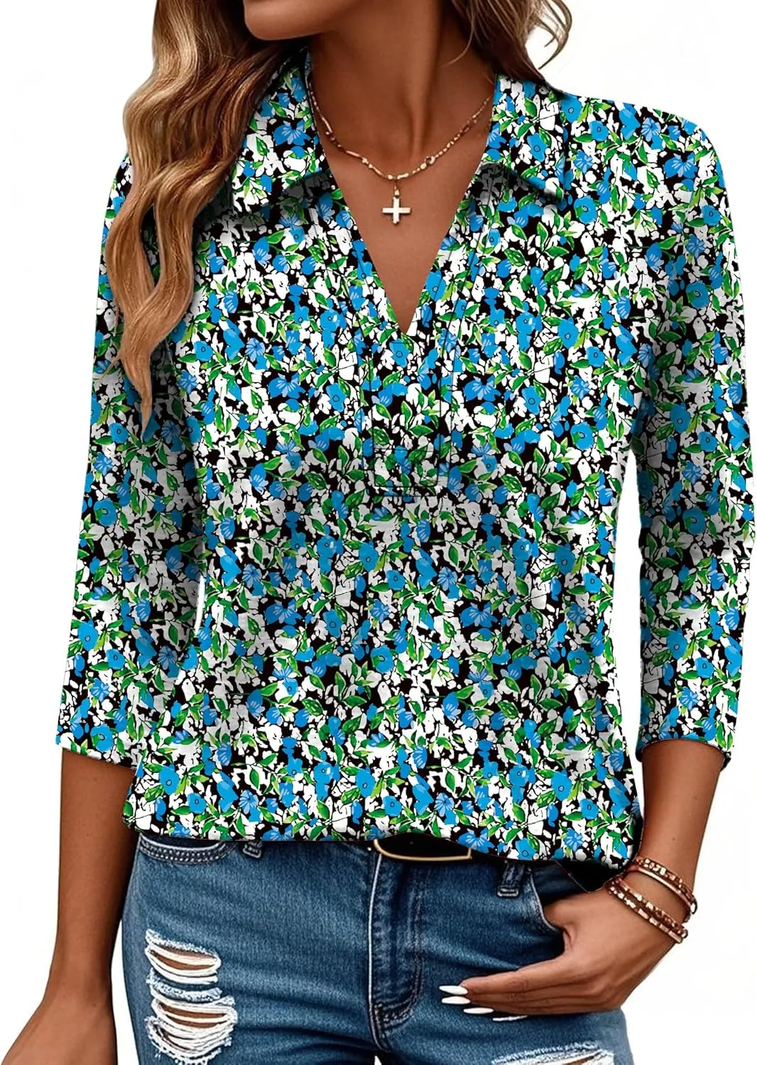 Women's 3/4 Length Sleeve V-Neck Collared Tops Summer Business Casual Work Polo Shirts Fashion Outfits 2025