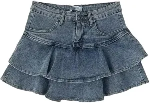 Women's and High Waist A- Line Denim Mini Skirt Spring Summer Style Anti-Light Half Body Cake Skirt