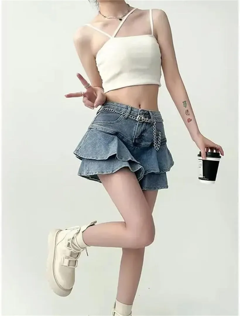 Women's and High Waist A- Line Denim Mini Skirt Spring Summer Style Anti-Light Half Body Cake Skirt