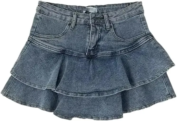 Women's and High Waist A- Line Denim Mini Skirt Spring Summer Style Anti-Light Half Body Cake Skirt