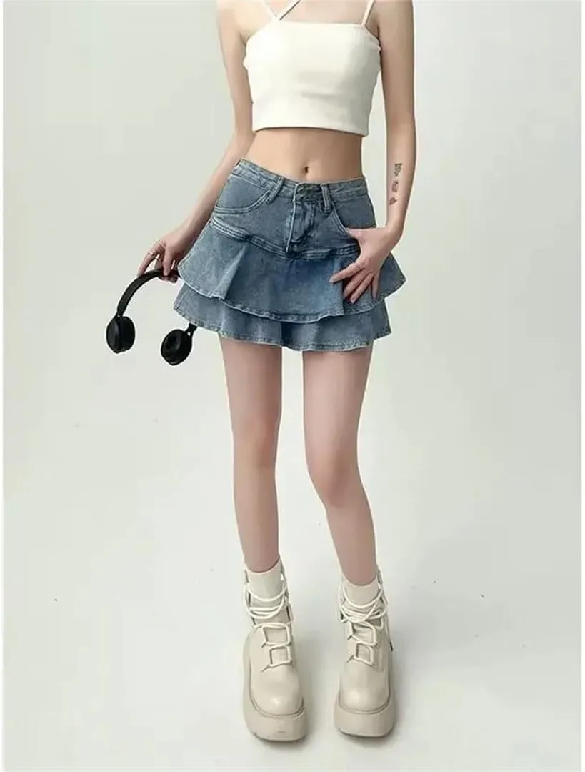 Women's and High Waist A- Line Denim Mini Skirt Spring Summer Style Anti-Light Half Body Cake Skirt