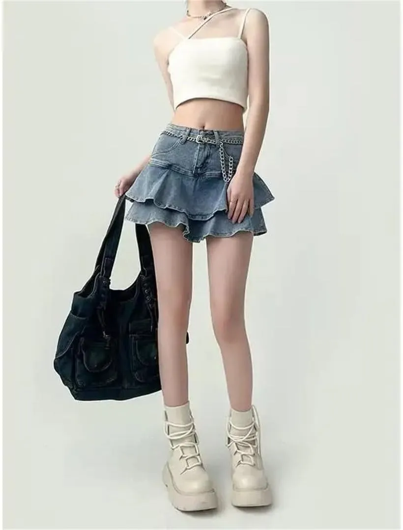 Women's and High Waist A- Line Denim Mini Skirt Spring Summer Style Anti-Light Half Body Cake Skirt