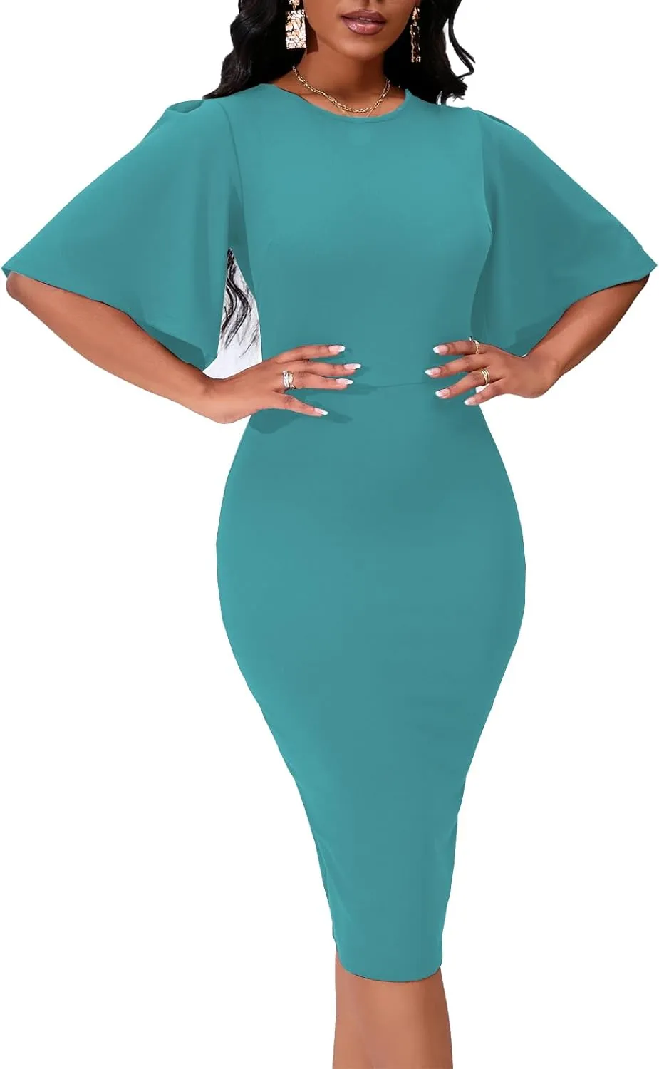 Women's Basic Bodycon Ruffle Flared Short Sleeve Pencil Midi Dress