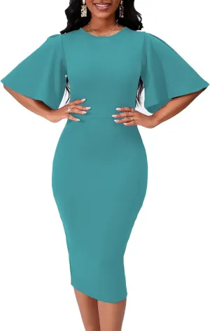 Women's Basic Bodycon Ruffle Flared Short Sleeve Pencil Midi Dress