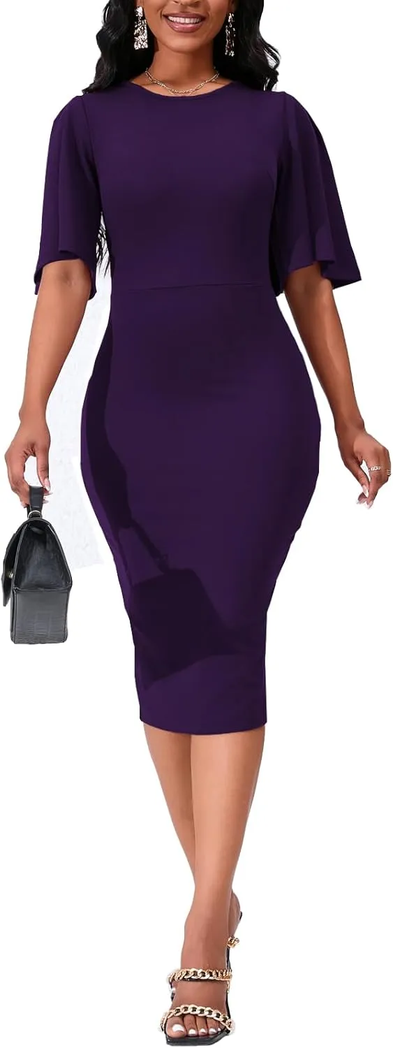 Women's Basic Bodycon Ruffle Flared Short Sleeve Pencil Midi Dress