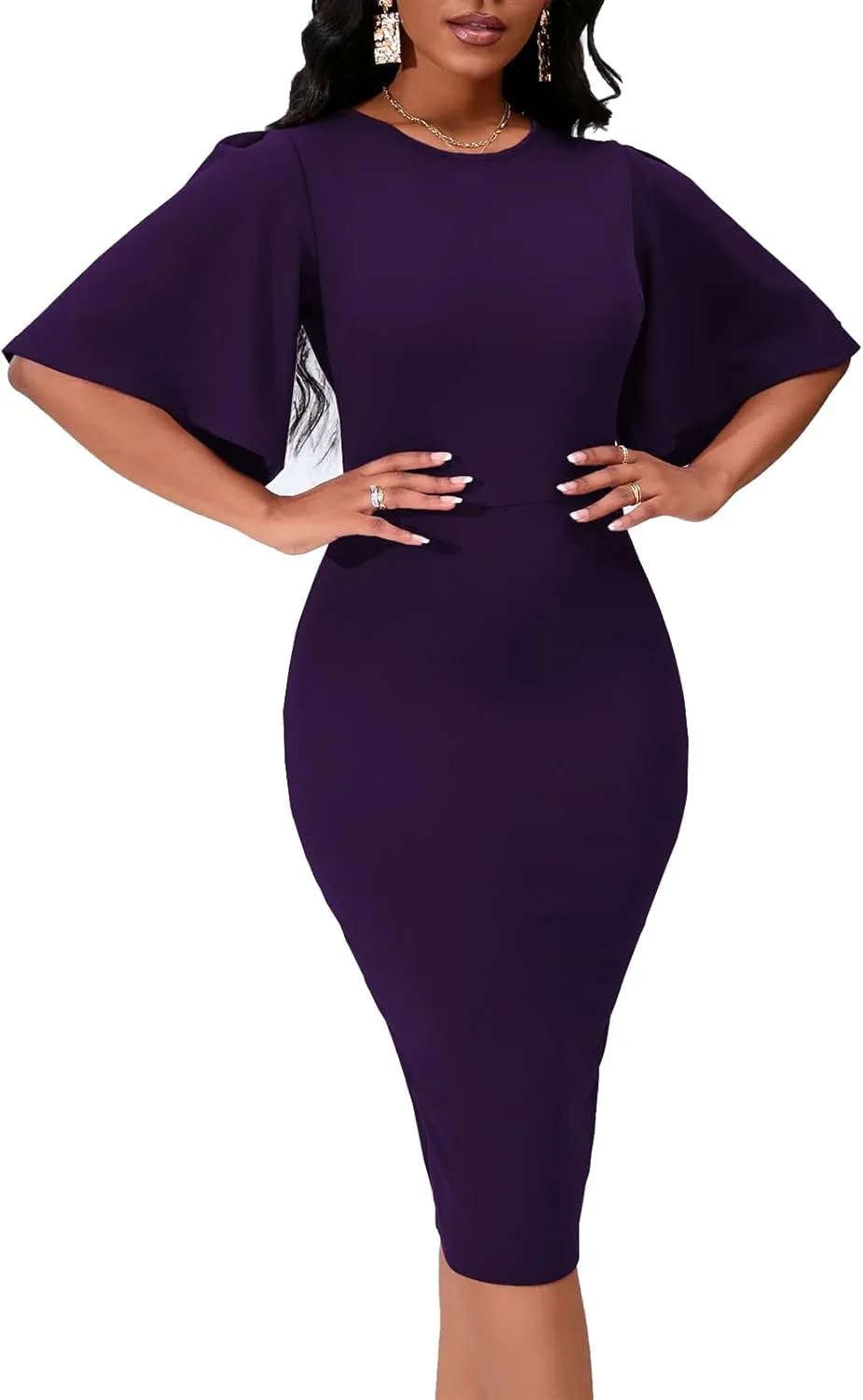 Women's Basic Bodycon Ruffle Flared Short Sleeve Pencil Midi Dress