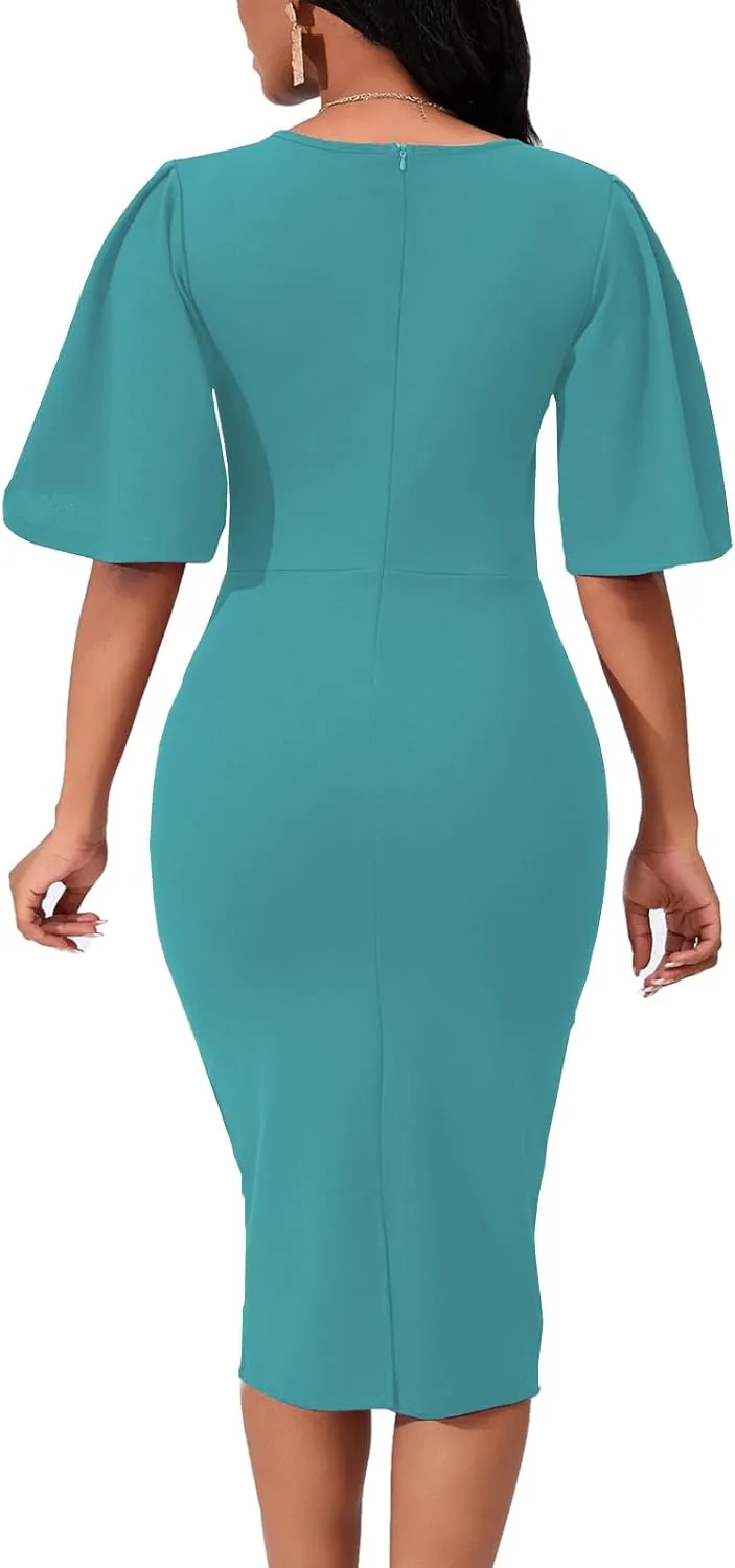 Women's Basic Bodycon Ruffle Flared Short Sleeve Pencil Midi Dress