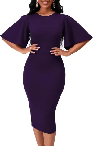 Women's Basic Bodycon Ruffle Flared Short Sleeve Pencil Midi Dress