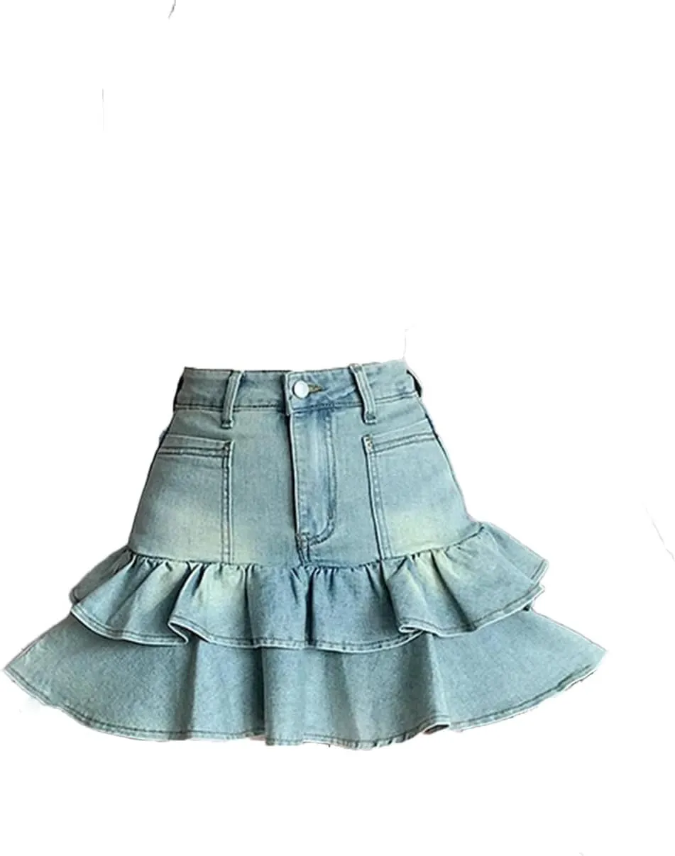 Women's Blue A-Line Pleated Denim Skirt Aesthetic Vintage Mini Jean Skirts
