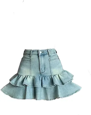 Women's Blue A-Line Pleated Denim Skirt Aesthetic Vintage Mini Jean Skirts