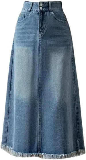 Women's Blue Denim Skirts 2025 Spring Summer Elegant High Waist Tassel Pockets Long A-Line Skirt