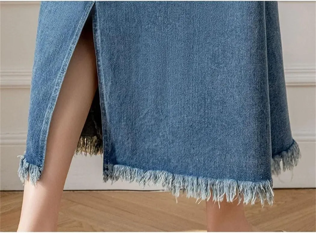 Women's Blue Denim Skirts 2025 Spring Summer Elegant High Waist Tassel Pockets Long A-Line Skirt