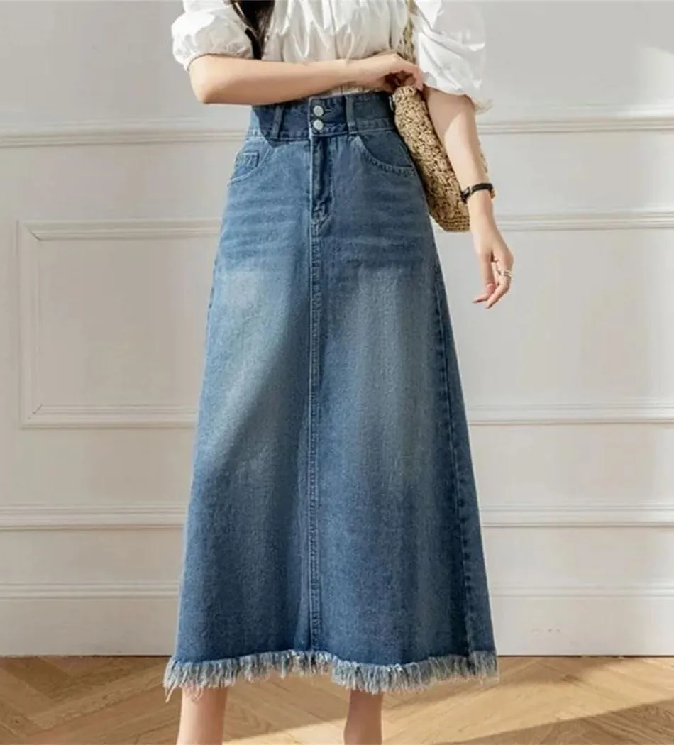 Women's Blue Denim Skirts 2025 Spring Summer Elegant High Waist Tassel Pockets Long A-Line Skirt