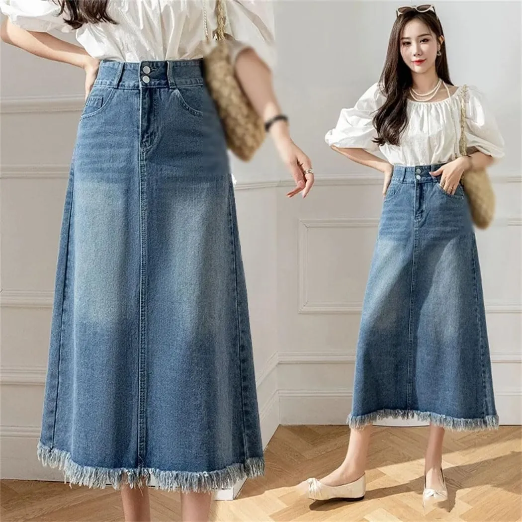 Women's Blue Denim Skirts 2025 Spring Summer Elegant High Waist Tassel Pockets Long A-Line Skirt