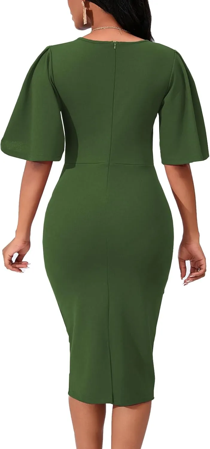 Womens Bodycon Ruffle Flared Short Sleeve Pencil Midi Dress