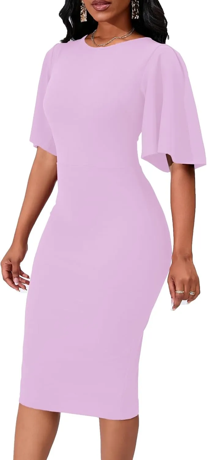 Womens Bodycon Ruffle Flared Short Sleeve Pencil Midi Dress