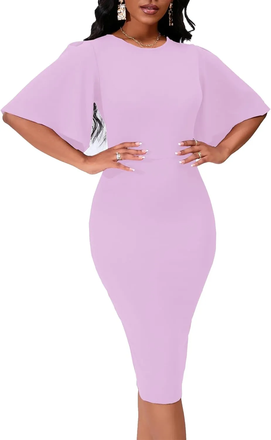Womens Bodycon Ruffle Flared Short Sleeve Pencil Midi Dress