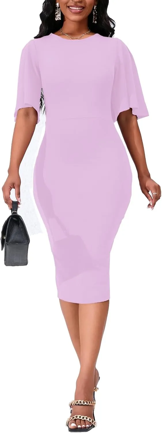 Womens Bodycon Ruffle Flared Short Sleeve Pencil Midi Dress