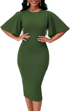 Womens Bodycon Ruffle Flared Short Sleeve Pencil Midi Dress