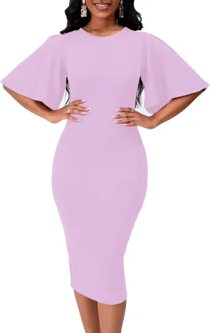 Womens Bodycon Ruffle Flared Short Sleeve Pencil Midi Dress
