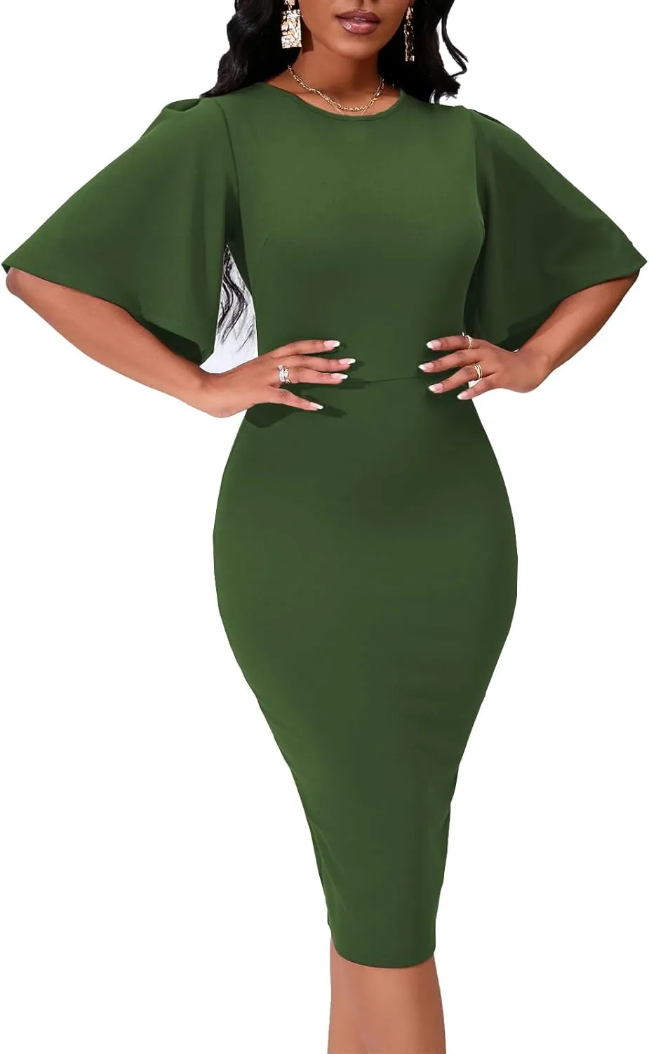 Womens Bodycon Ruffle Flared Short Sleeve Pencil Midi Dress