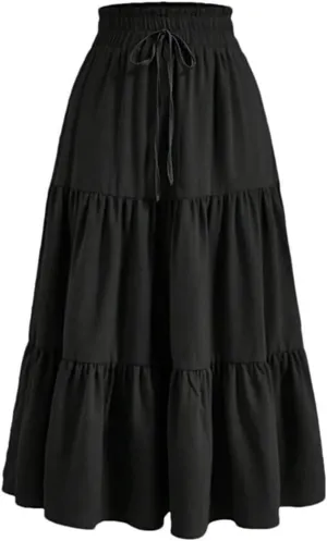 Women's Boho Vintage Floral Print Maxi Skirt Elastic High Waist Pleated Flowy A Line Long Skirts