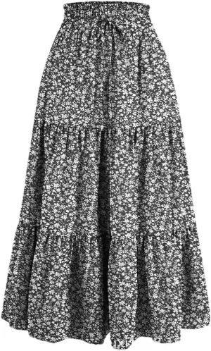 Women's Boho Vintage Floral Print Maxi Skirt Elastic High Waist Pleated Flowy A Line Long Skirts