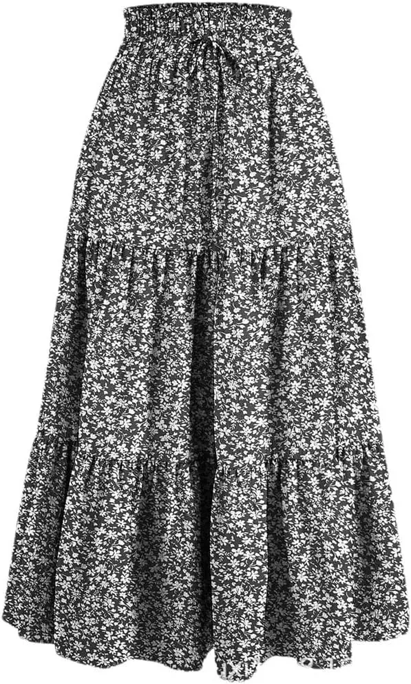 Women's Boho Vintage Floral Print Maxi Skirt Elastic High Waist Pleated Flowy A Line Long Skirts